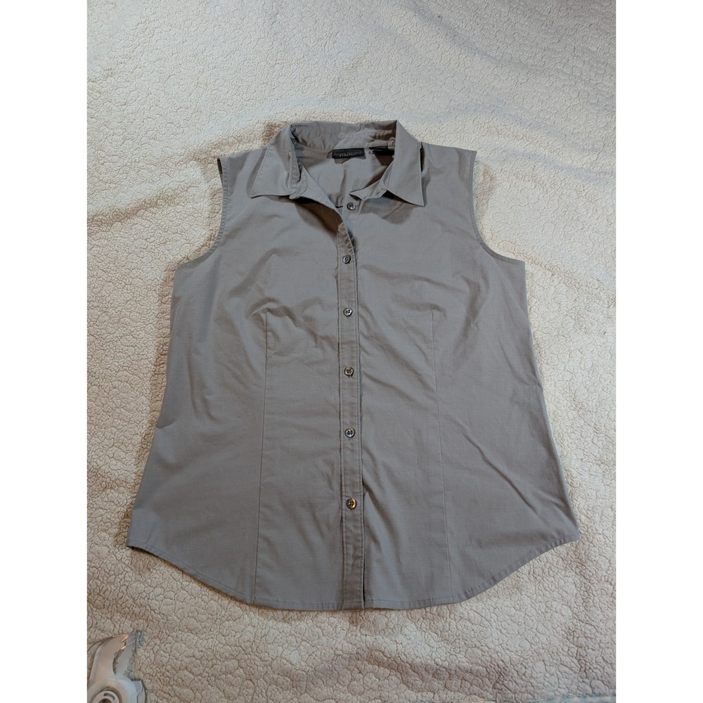 Banana Republic Womens Large Taupe Gray Sleeveless Stretch Button Down Shirt